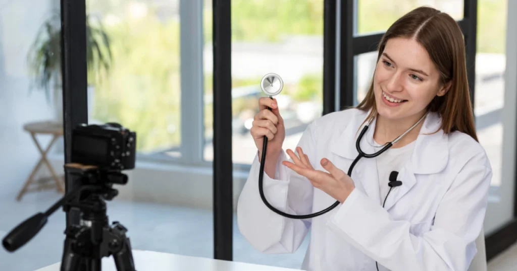 Médico analisando estratégias de prospecção e marketing digital com equipe da BLOB WEB